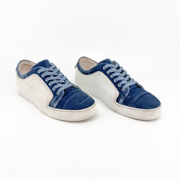 Chanel CC Rubber & Velvet Sneakers EU 38.5 US 7.5-8 Blue Low Top Logo Trainer - Picture 1 of 13